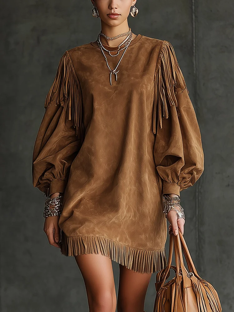 Mia | Vintage Mini Suede Dress with Fringes