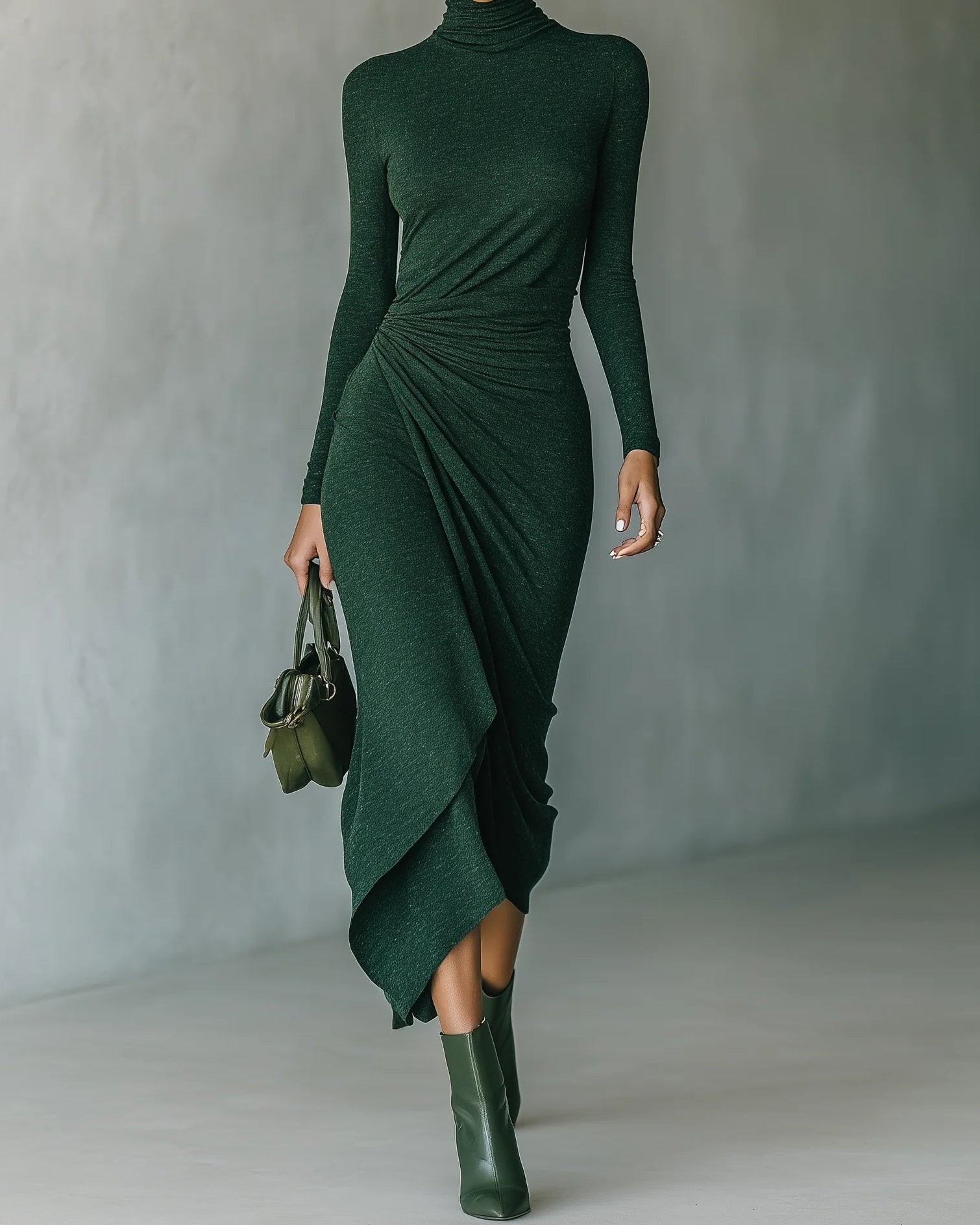 Women's dress | midi with a fitted turtleneck and gathering