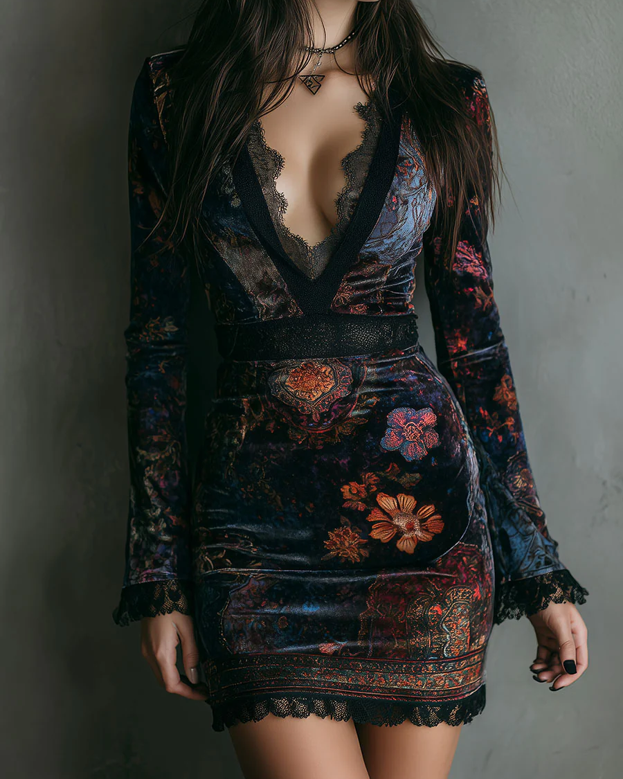 Maria ❘ Mini floral velvet dress with lace