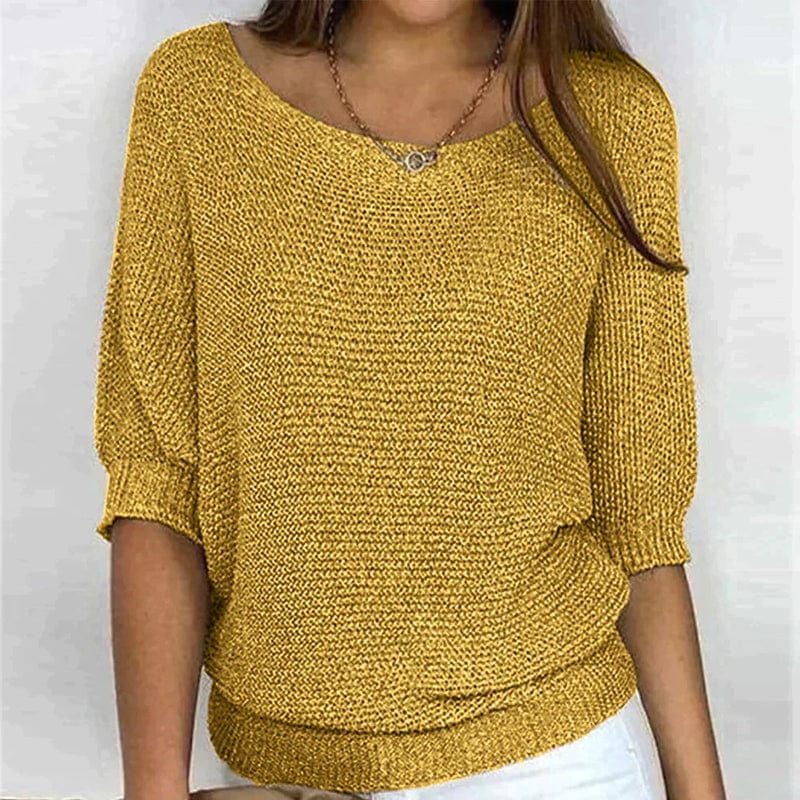Solid Color Sweater with Round Neck and 3/4 Sleeves