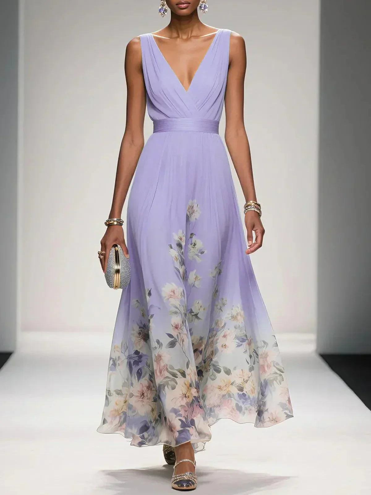 Rose | Light Blue Floral V-Neck Maxi Dress