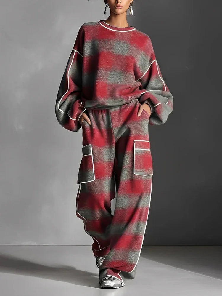 Red and Gray Checkered T-Shirt with Sweatpants - Two-Piece Set