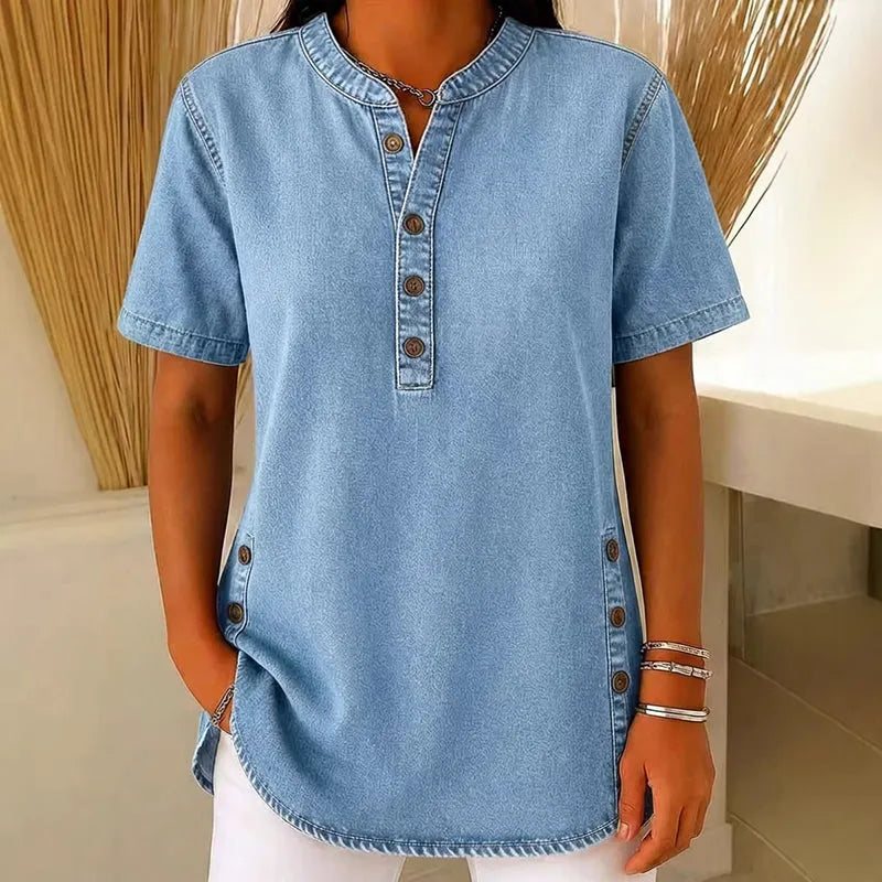 Lightweight Denim Tunic for Women with Short Sleeves and Decorative Buttons