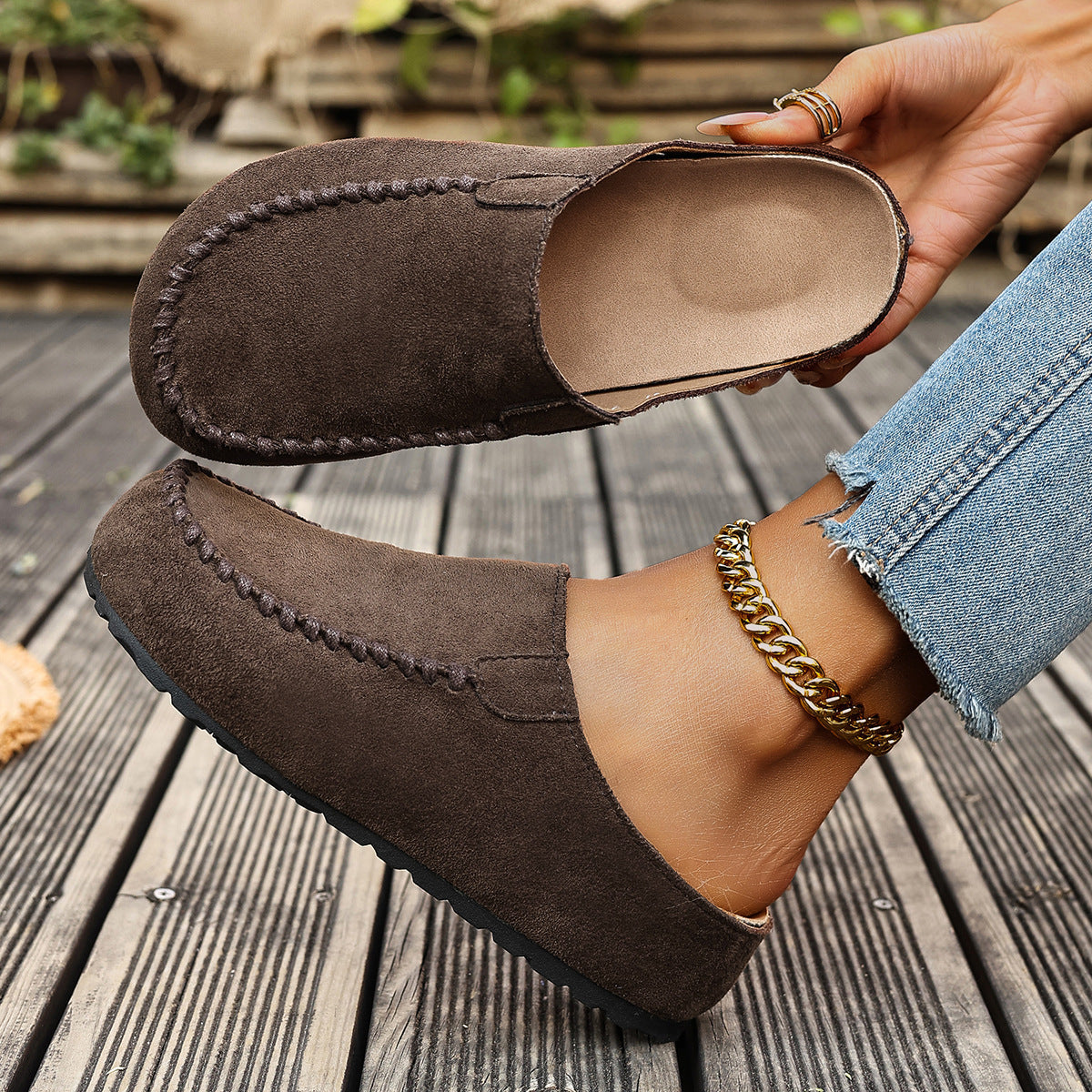 Women's Slip-On Moccasins | with Stitching and Flat Sole