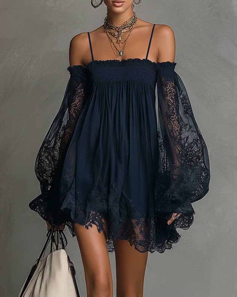 Noemi | Mini dress in navy blue chiffon with off-the-shoulder neckline, lace trim, and sheer sleeves