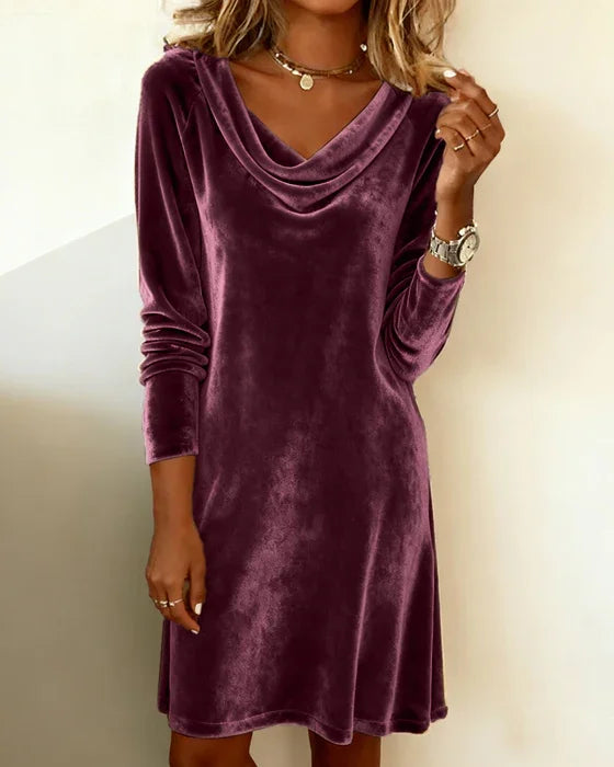 Women's Velvet Dress with Waterfall Neckline and Long Sleeves