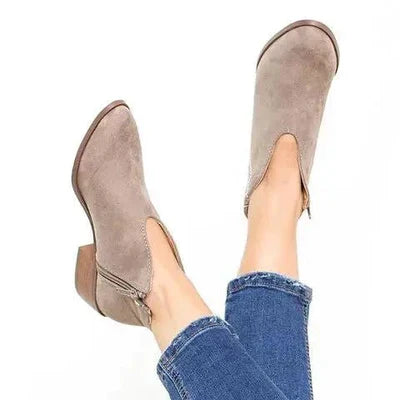Women’s V-Cut Ankle Boots with Block Heel and Side Zipper