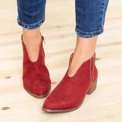 Women’s V-Cut Ankle Boots with Block Heel and Side Zipper