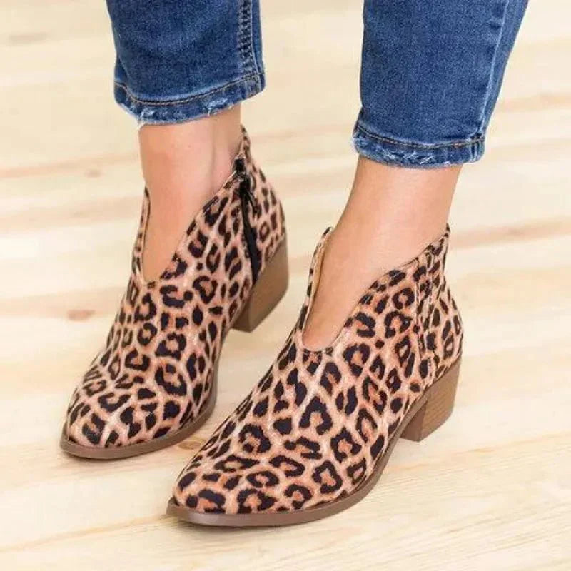 Women’s V-Cut Ankle Boots with Block Heel and Side Zipper