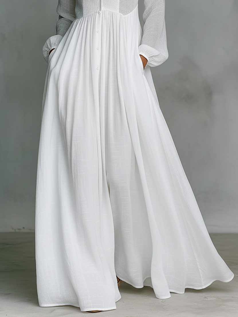 Minimalist Maxi Dress Made of Cotton and Linen with Buttons