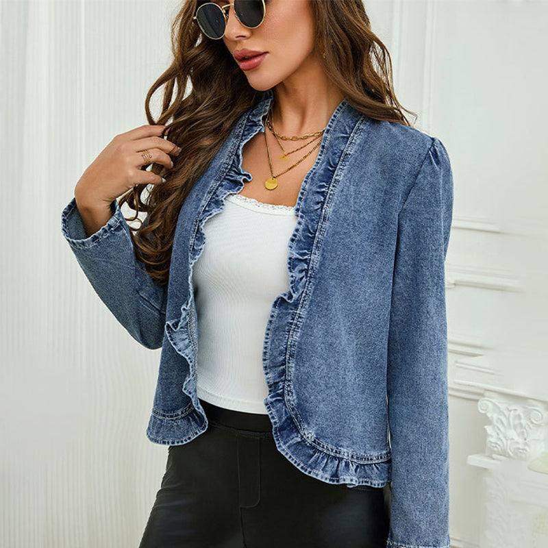 Women's Open Front Denim Jacket with Ruffle Trim