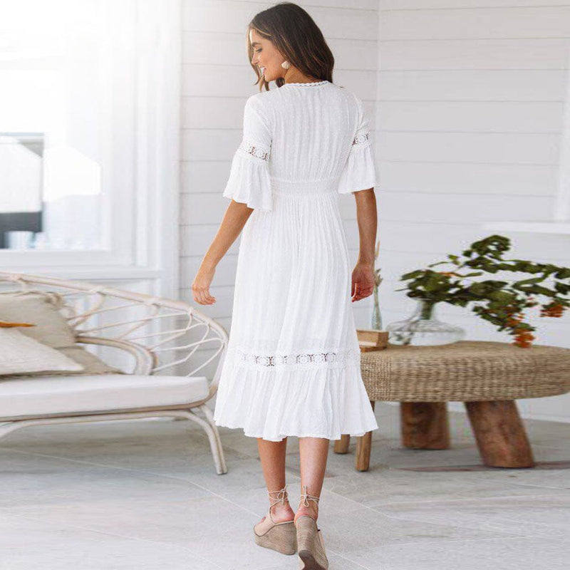 Women's Boho Dress with V-Neck and Lace Inserts
