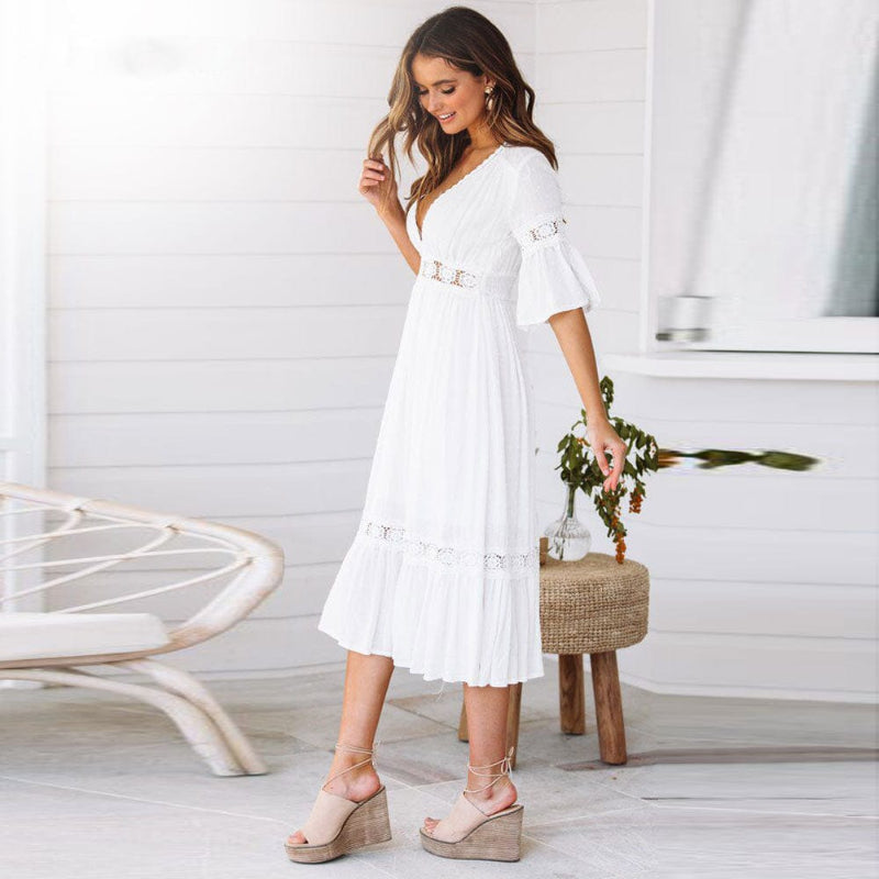 Women's Boho Dress with V-Neck and Lace Inserts