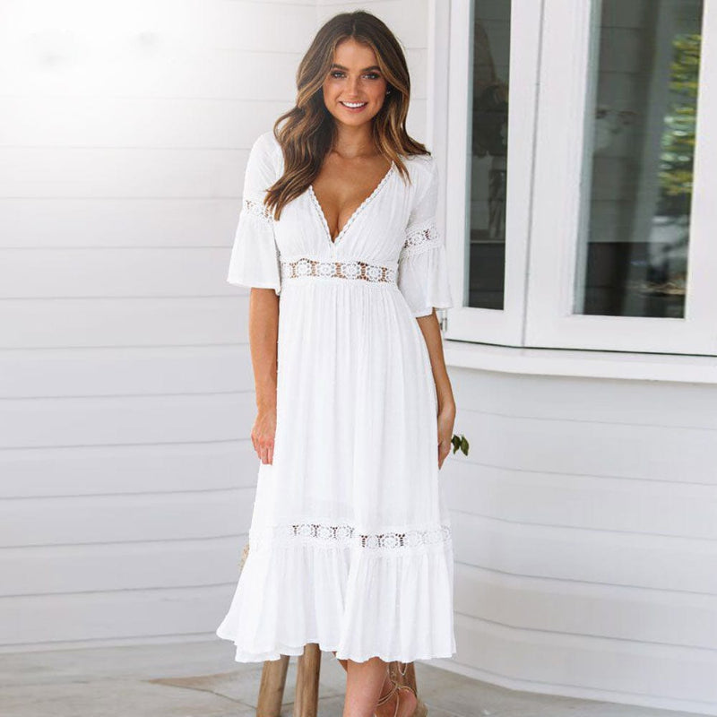 Women's Boho Dress with V-Neck and Lace Inserts