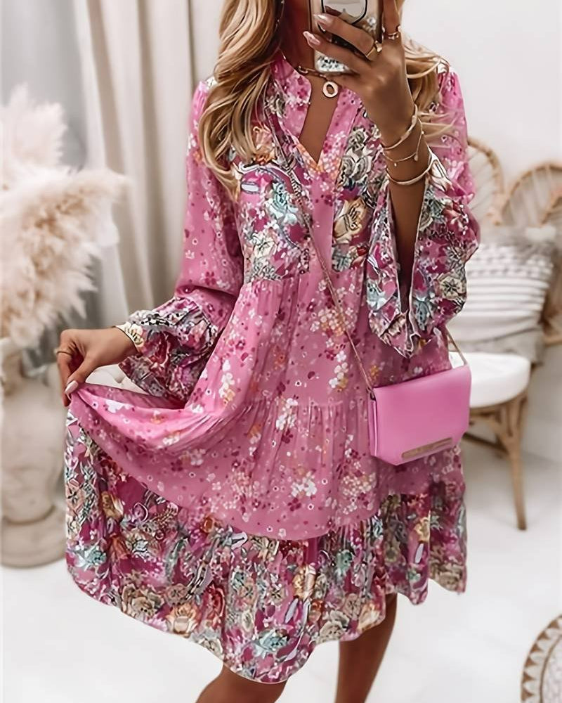 Scarlett | Boho Midi Dress Floral Print V-Neck Long Sleeve Tiered