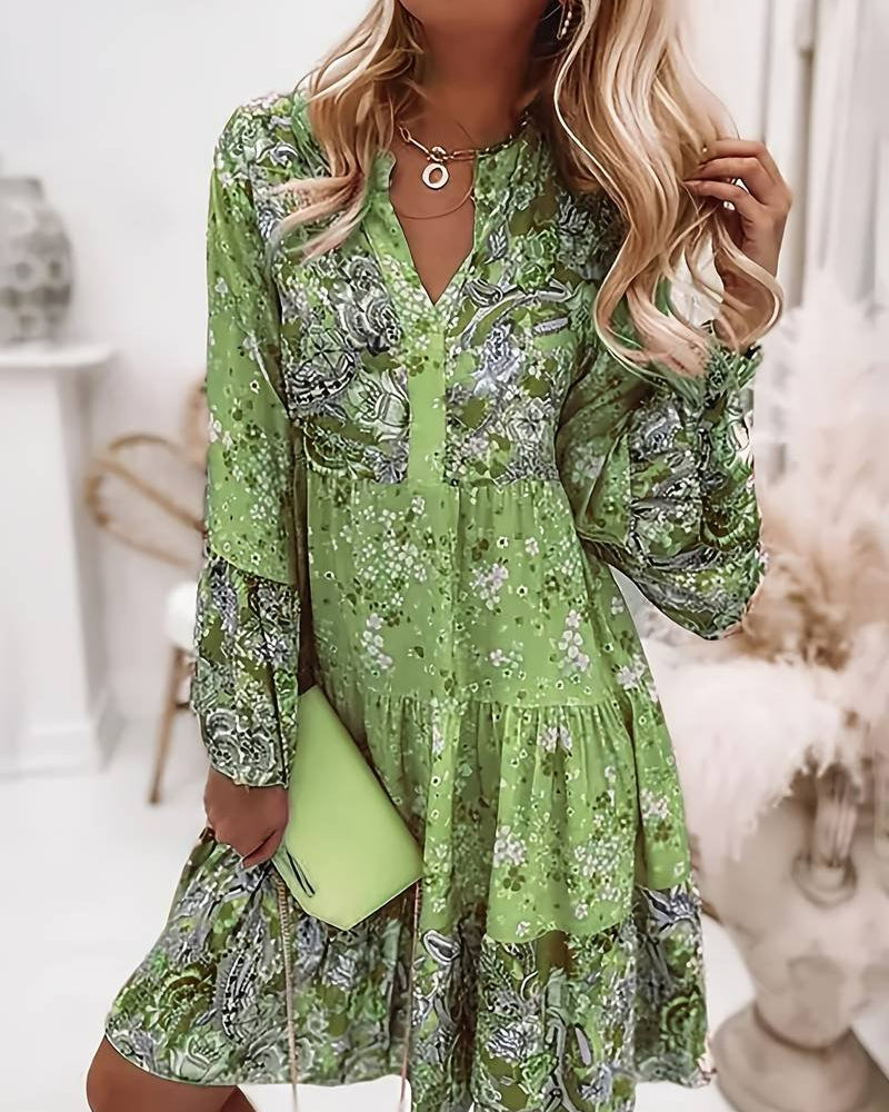 Scarlett | Boho Midi Dress Floral Print V-Neck Long Sleeve Tiered