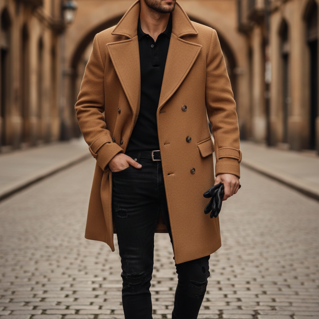 Men's Coat | Elegant Double-Breasted Long with Lapels