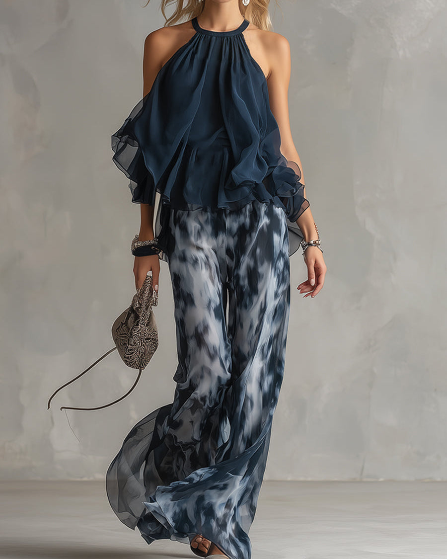 Ludovica | Stylish Navy Halter Top and Wide-Leg Printed Set