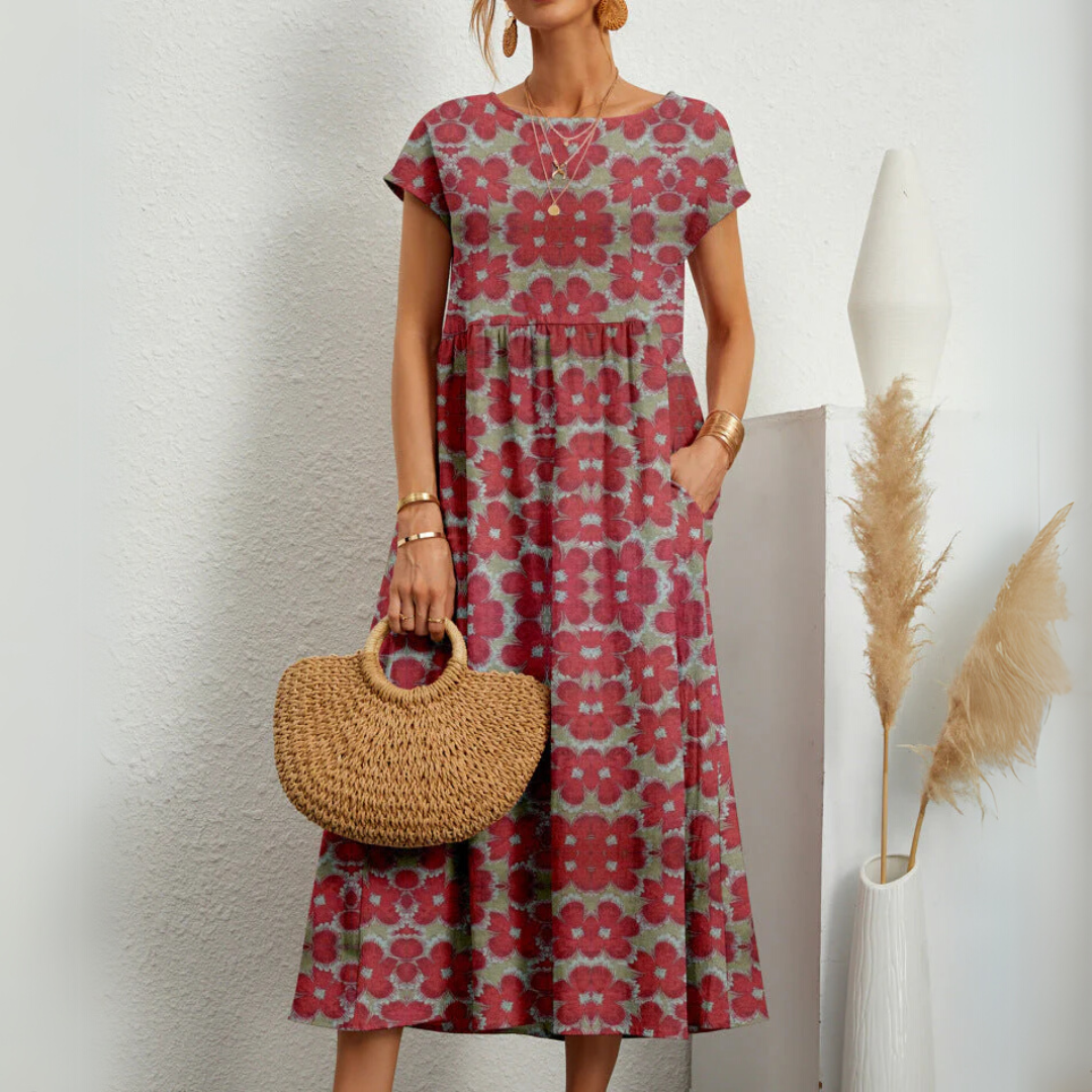 Women’s Relaxed Fit Midi Dress with Short Sleeves and Side Pockets