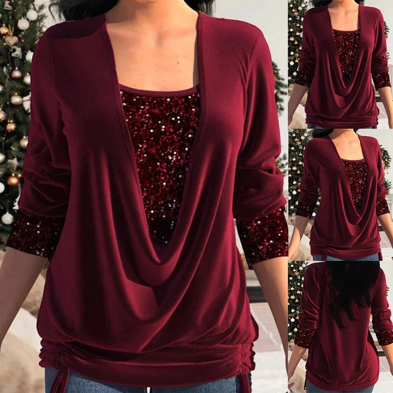 Women's blouse with sequin panel and draped neckline