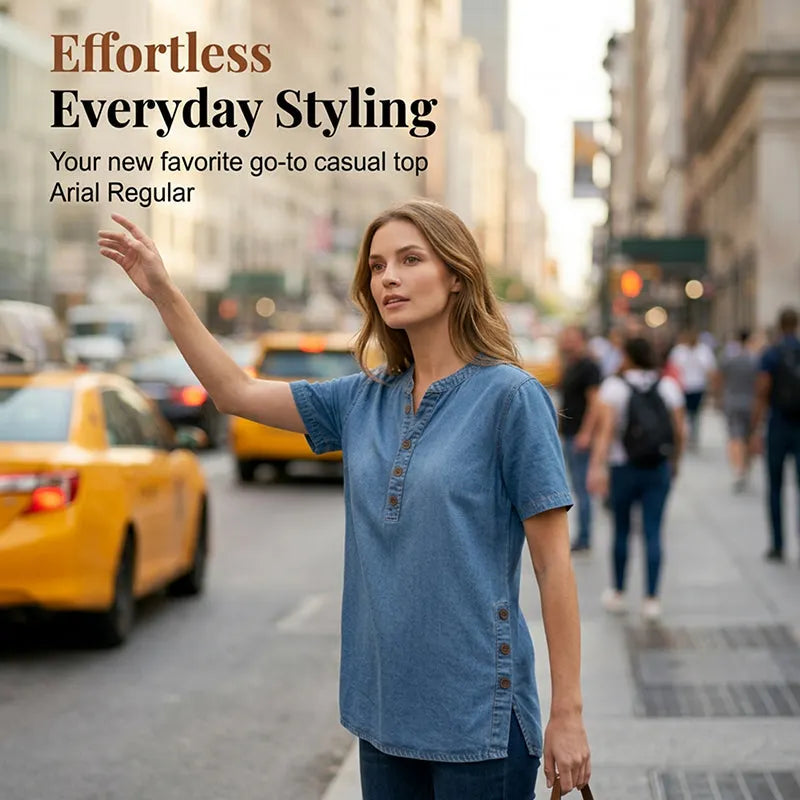 Lightweight Denim Tunic for Women with Short Sleeves and Decorative Buttons