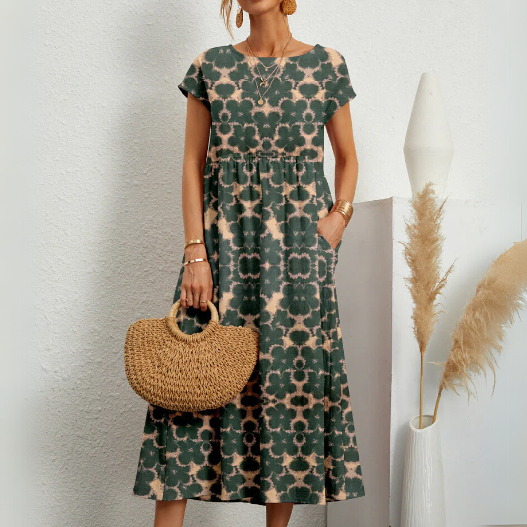 Women’s Relaxed Fit Midi Dress with Short Sleeves and Side Pockets