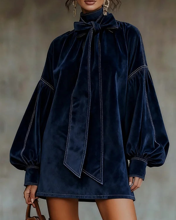 Dark Blue Mini Dress with Velvet Cut and Lantern-Shaped Sleeves