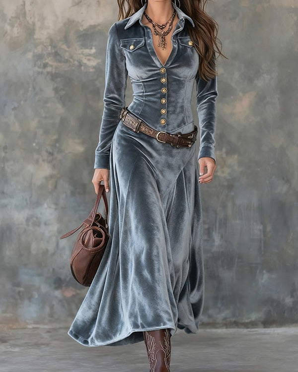 Gray Velvet Maxi Dress with Lapels and Metal Buttons (with belt)