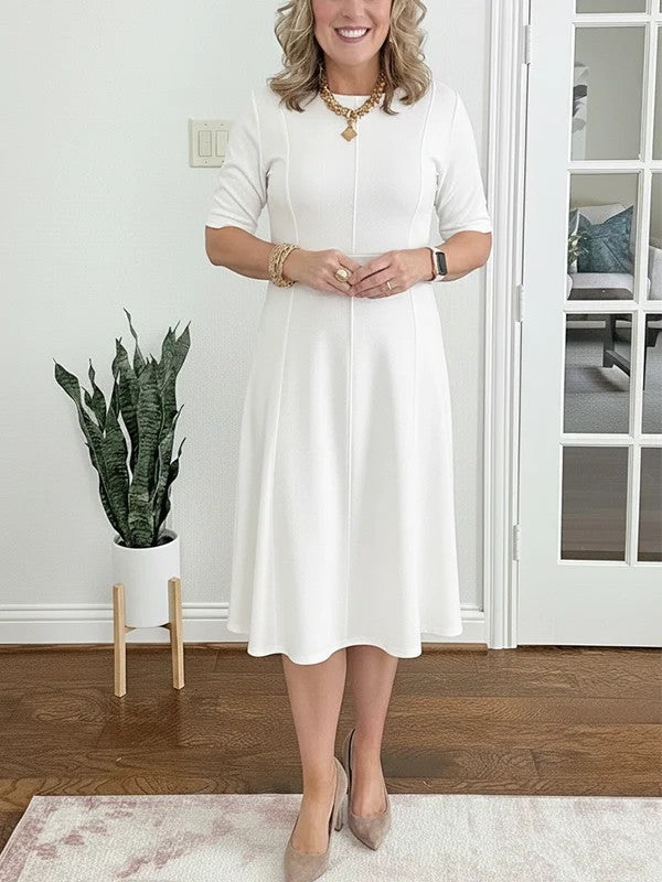 Women's Midi Dress with Short Sleeves and Flared Skirt