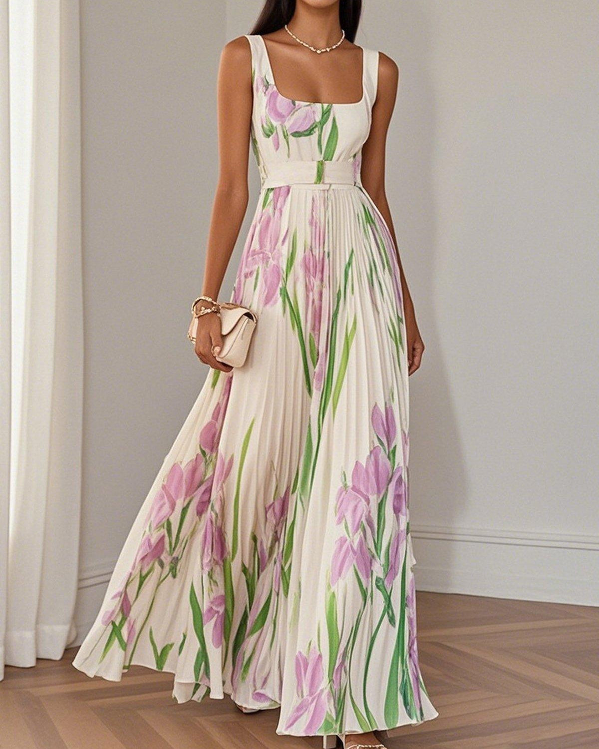 Marie | Pleated Floral Chiffon Maxi Dress