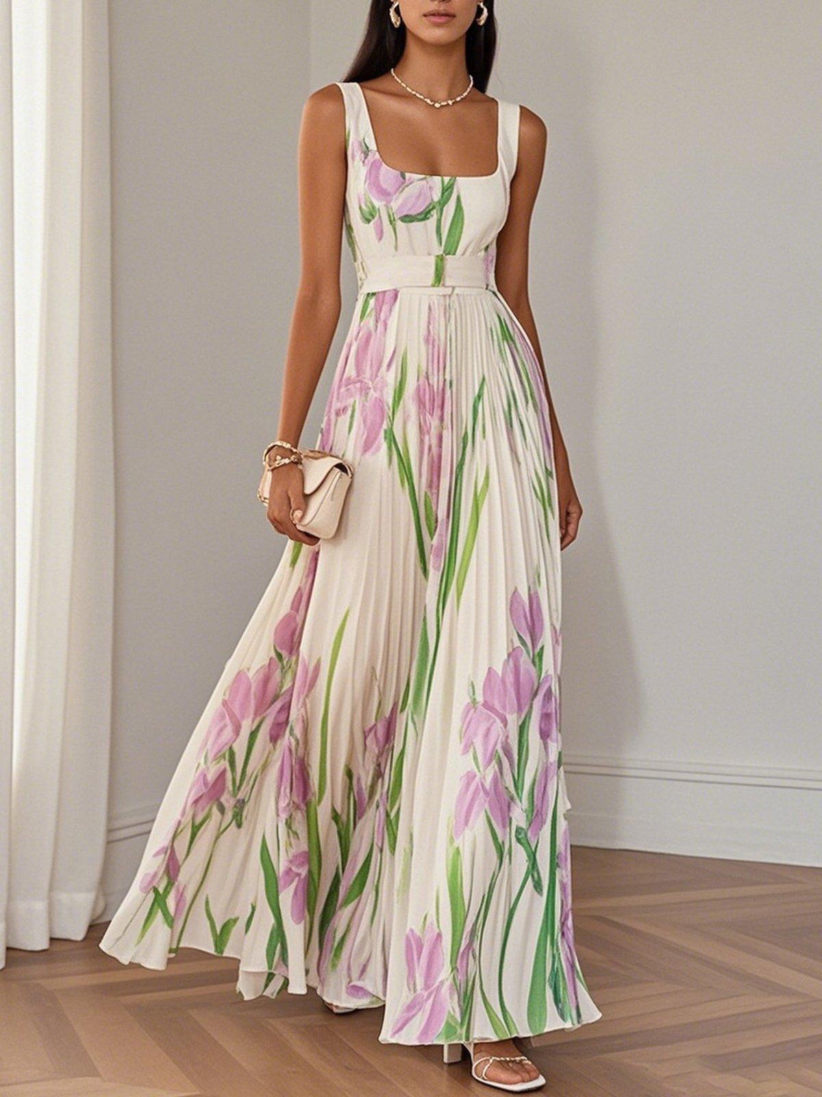 Marie | Pleated Floral Chiffon Maxi Dress