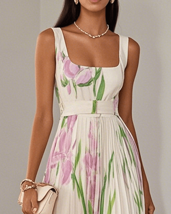 Marie | Pleated Floral Chiffon Maxi Dress