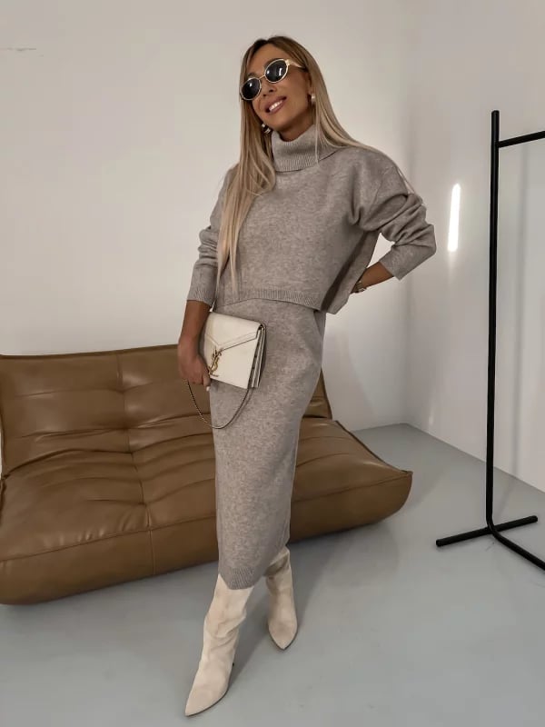 Knit set with turtleneck and midi skirt – minimalist style