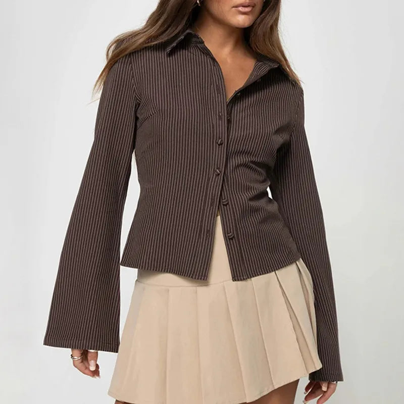 Women's Ribbed Stripe Button-Through Blouse - Long Flared Sleeve and Point Collar