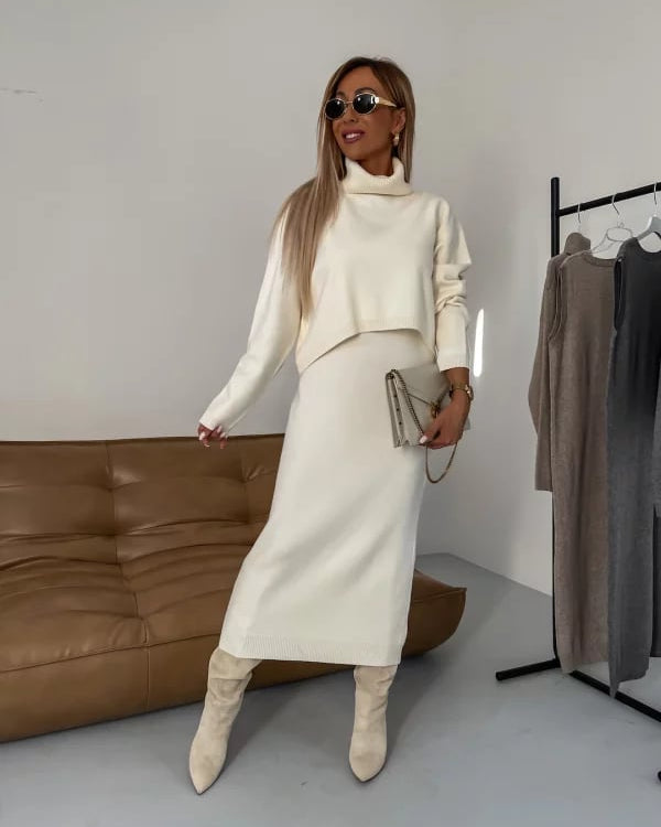 Knit set with turtleneck and midi skirt – minimalist style