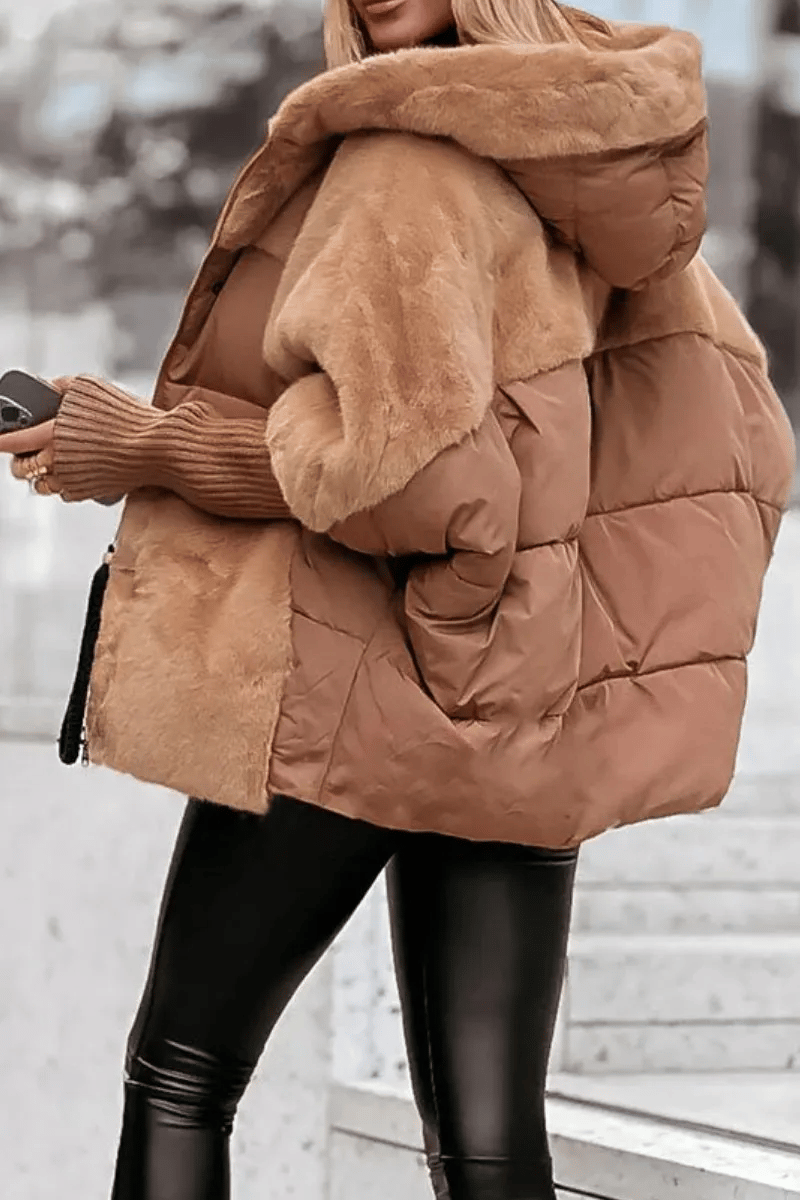 Women's Winter Jacket with Hood, Long Sleeves, and Fur Patchwork