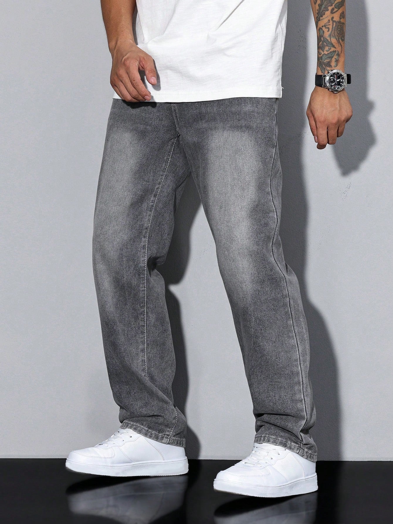 Men's Straight Denim Jeans with a Faded Effect