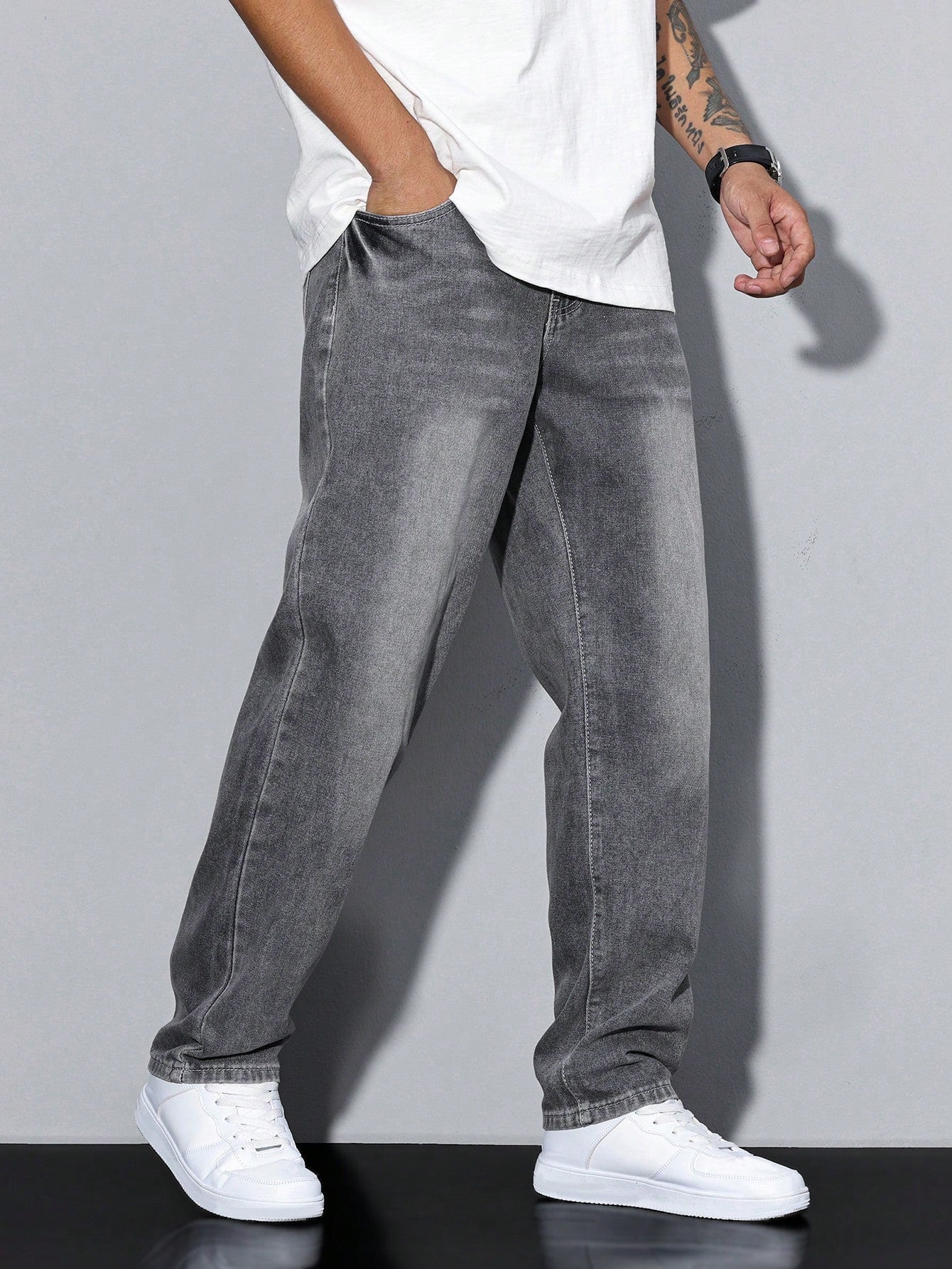 Men's Straight Denim Jeans with a Faded Effect
