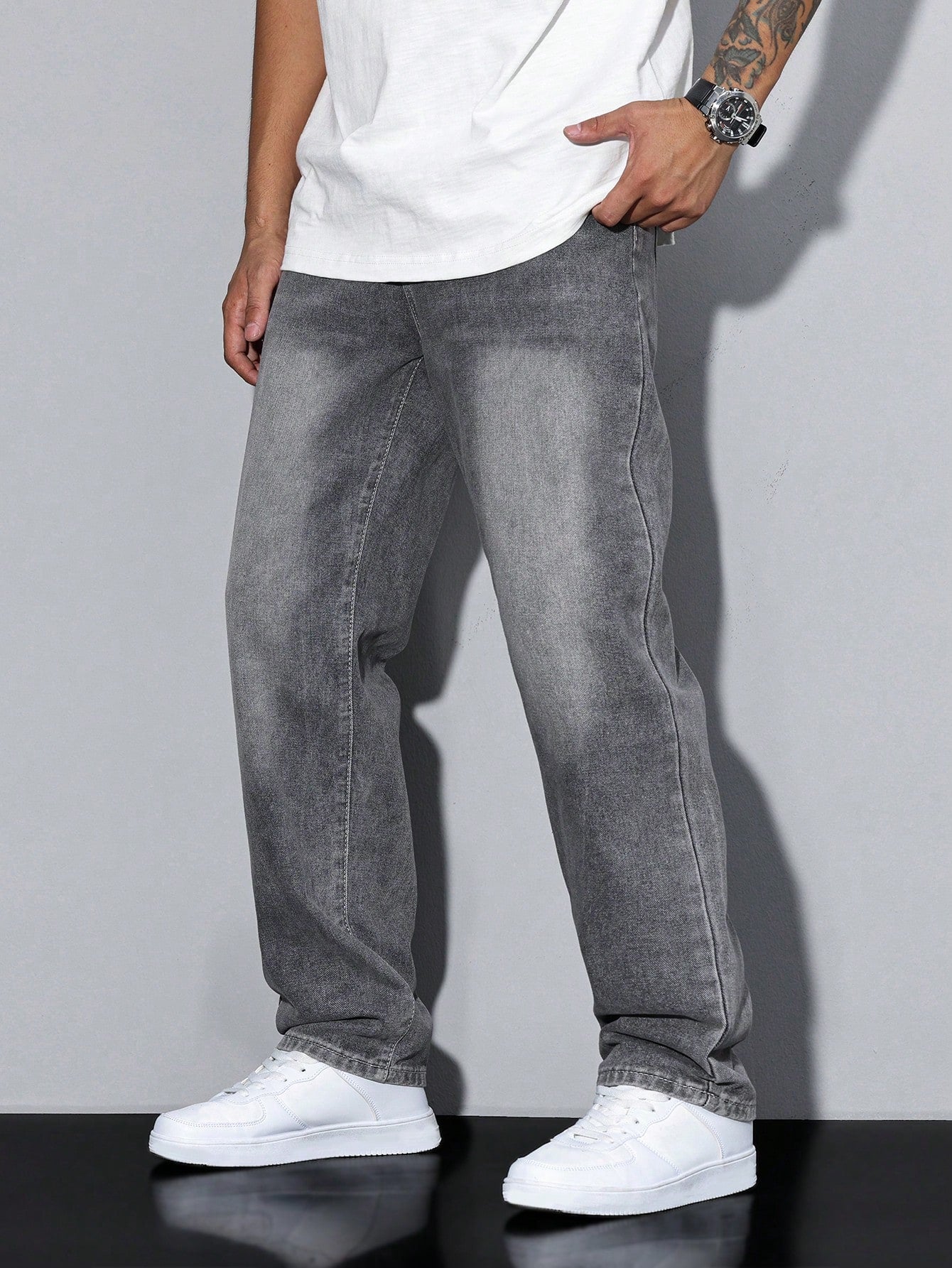 Men's Straight Denim Jeans with a Faded Effect