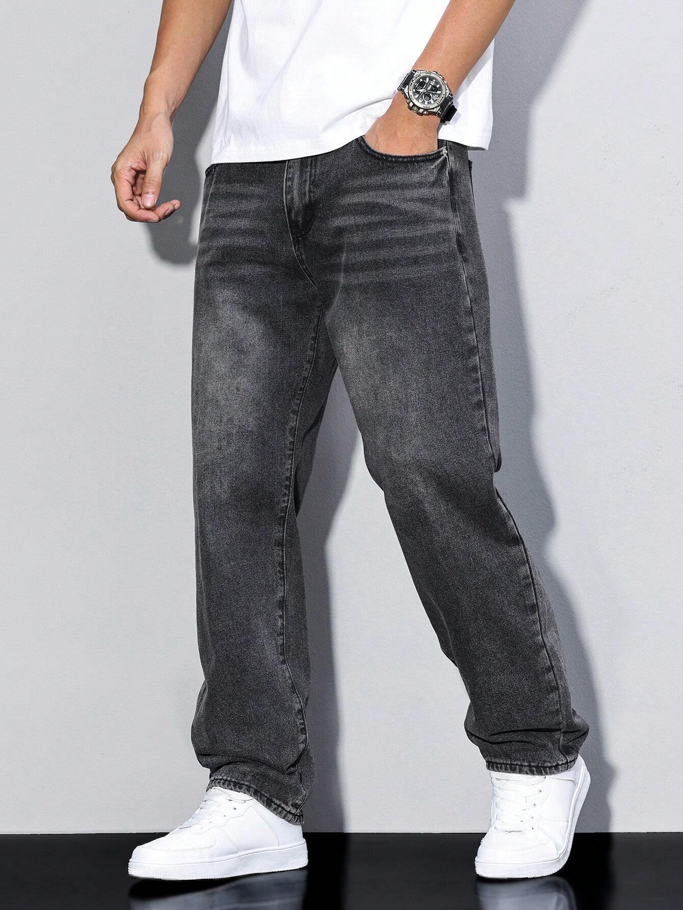Men's Straight Denim Jeans with a Faded Effect