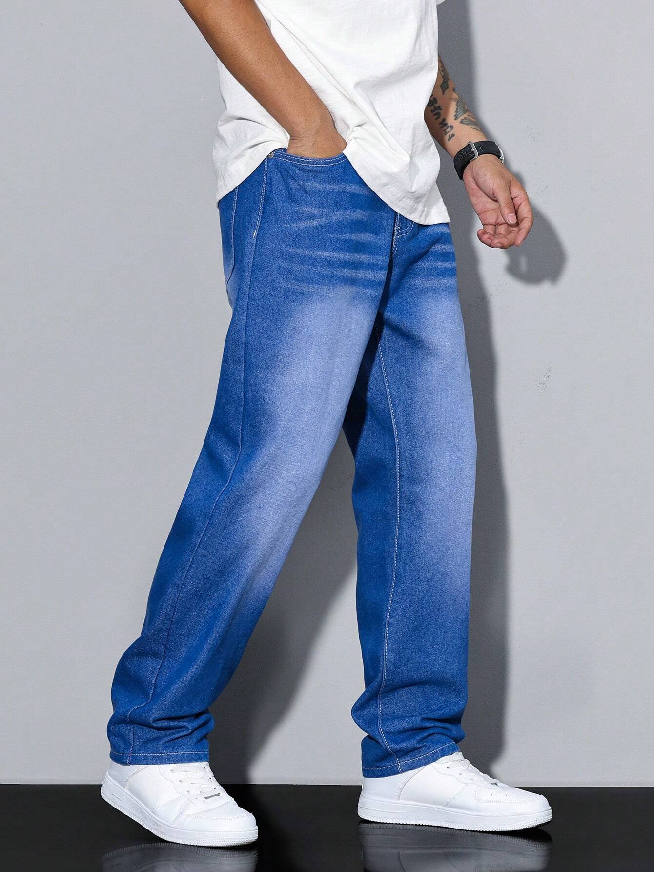 Men's Straight Denim Jeans with a Faded Effect