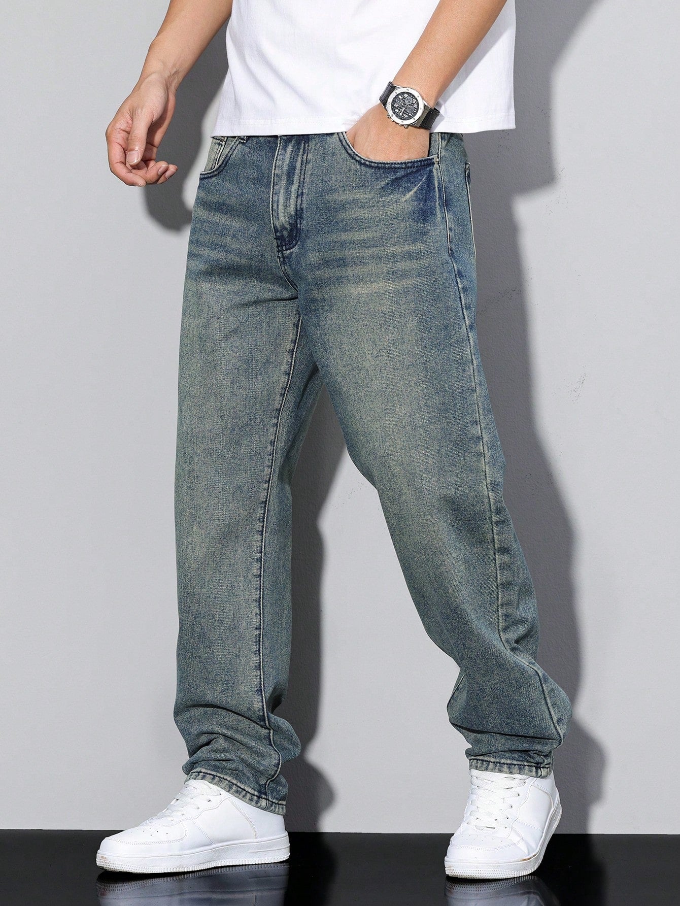 Men's Straight Denim Jeans with a Faded Effect