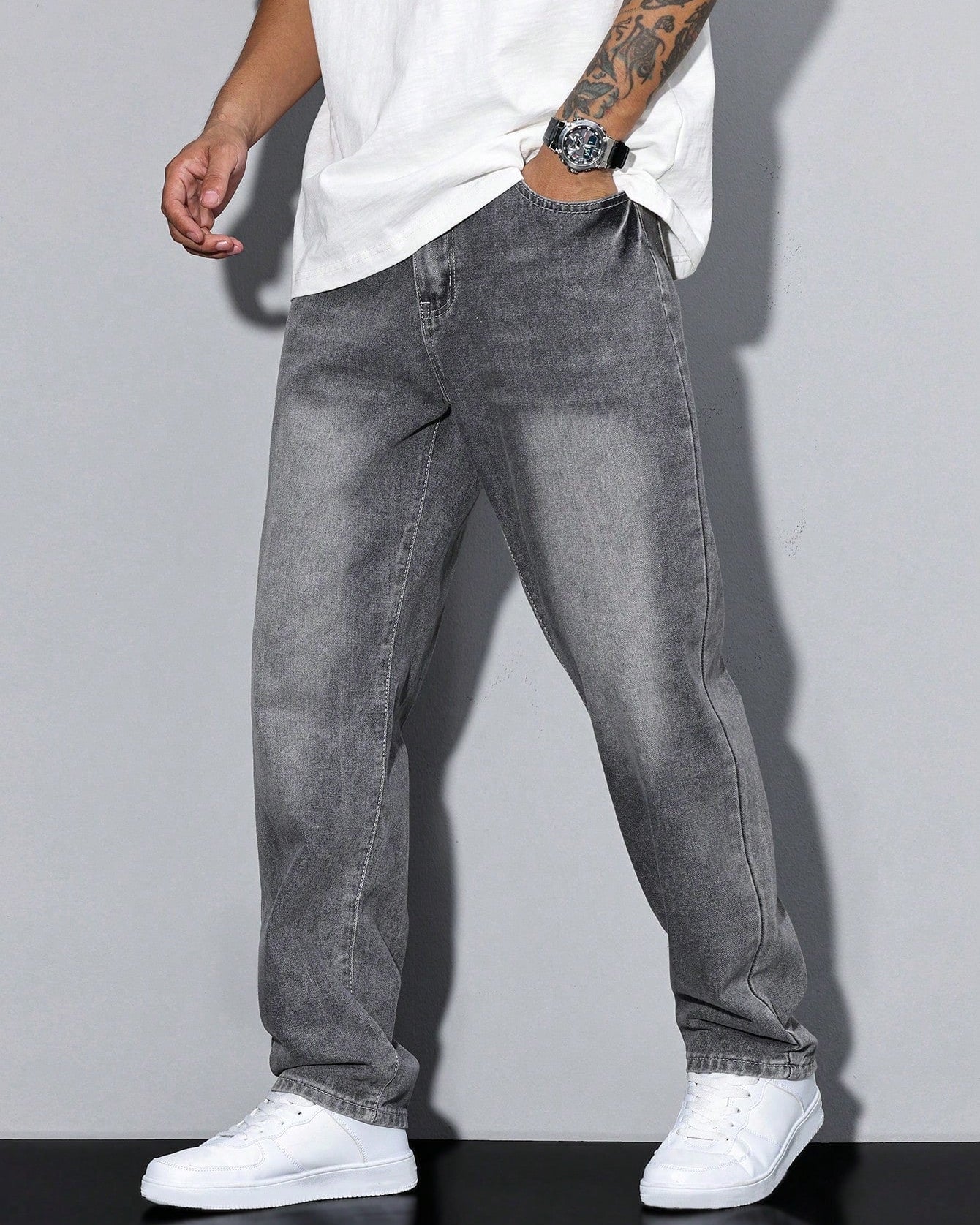 Men's Straight Denim Jeans with a Faded Effect