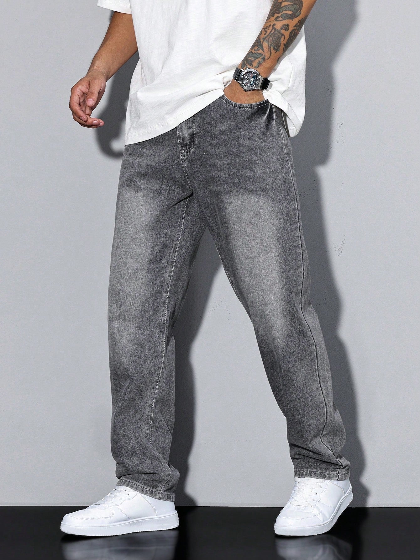 Men's Straight Denim Jeans with a Faded Effect