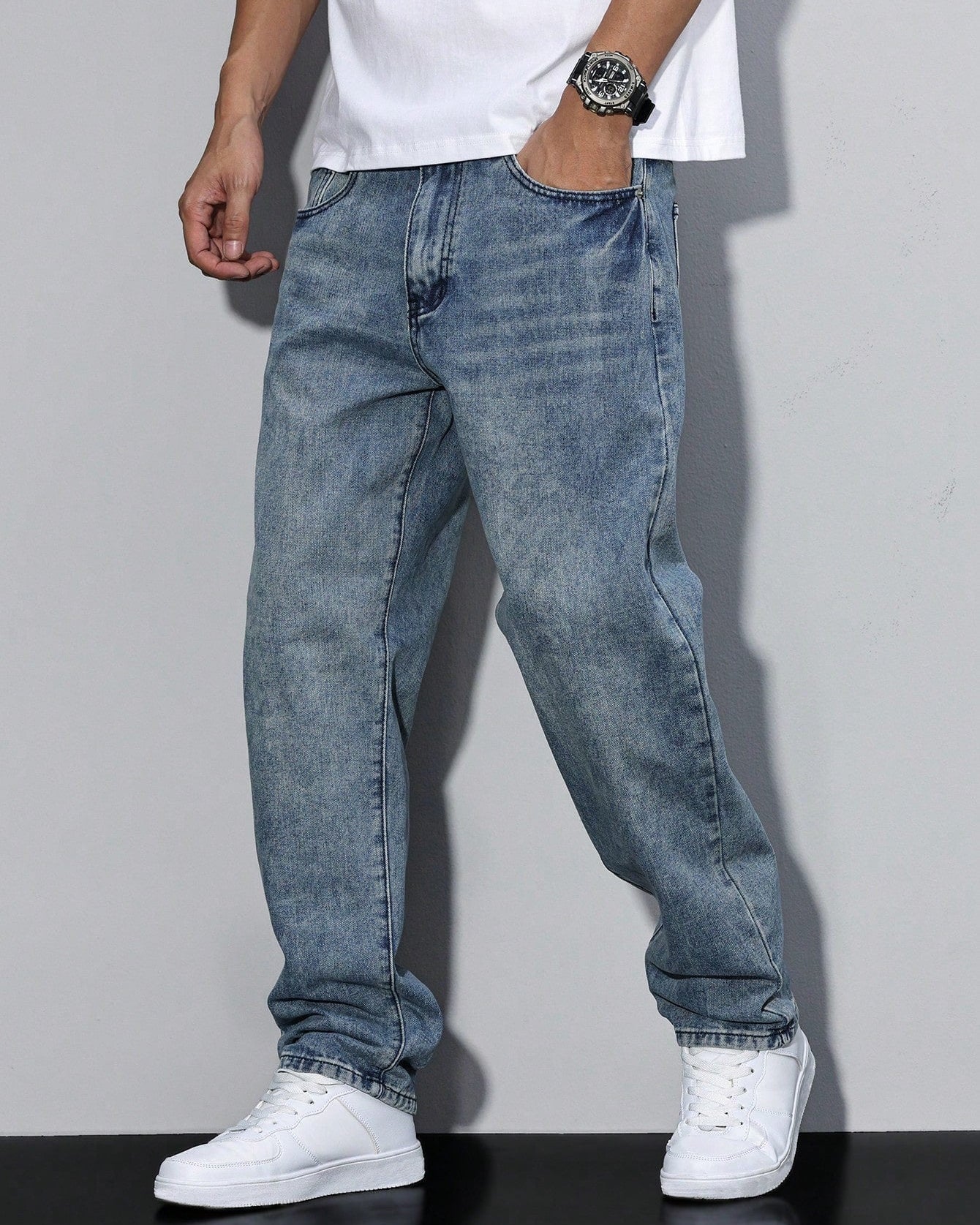 Men's Straight Denim Jeans with a Faded Effect