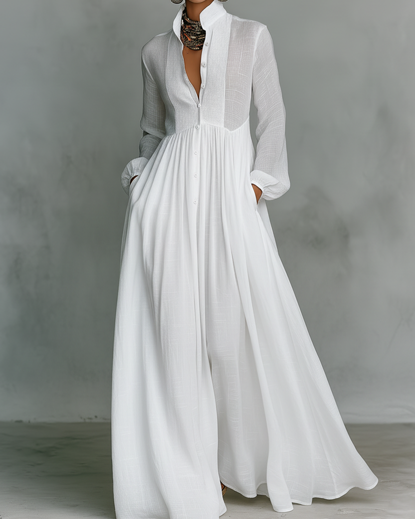 Minimalist Maxi Dress Made of Cotton and Linen with Buttons