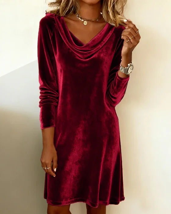 Women's Velvet Dress with Waterfall Neckline and Long Sleeves