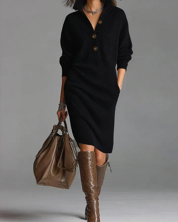 Women's Midi Knit Dress with Collar and Buttons