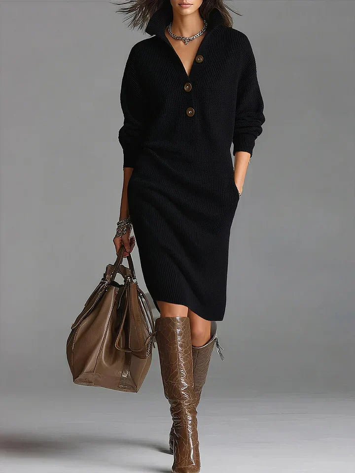 Women's Midi Knit Dress with Collar and Buttons