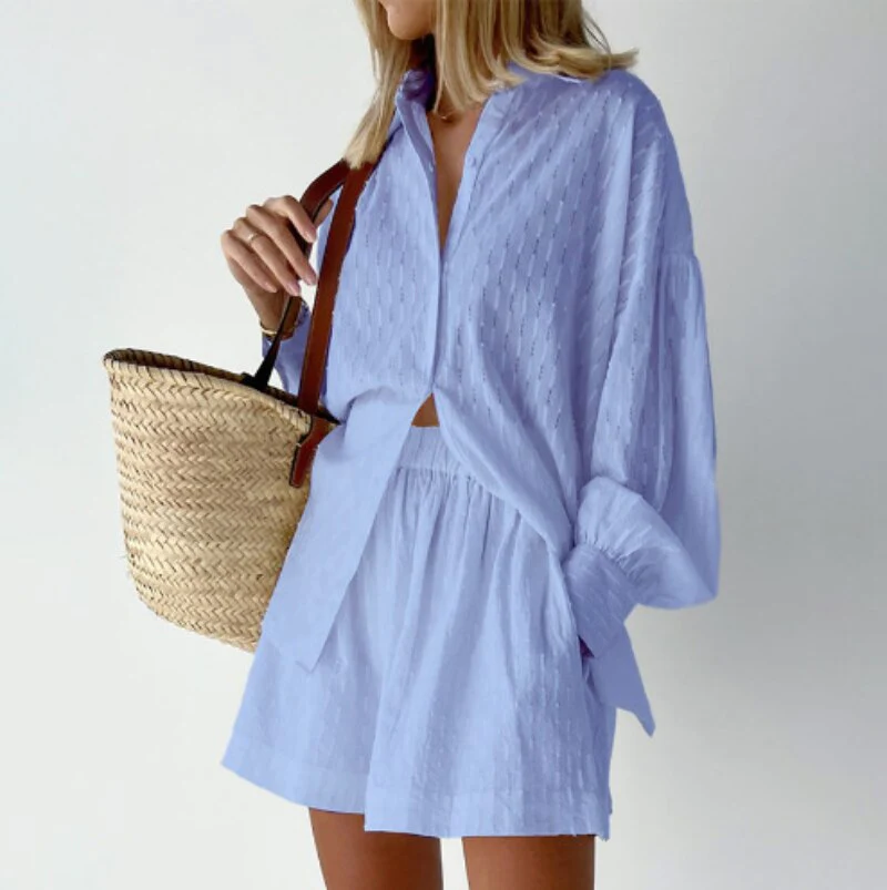 Women’s Textured Two-Piece Set with Button-Up Shirt and Relaxed Shorts